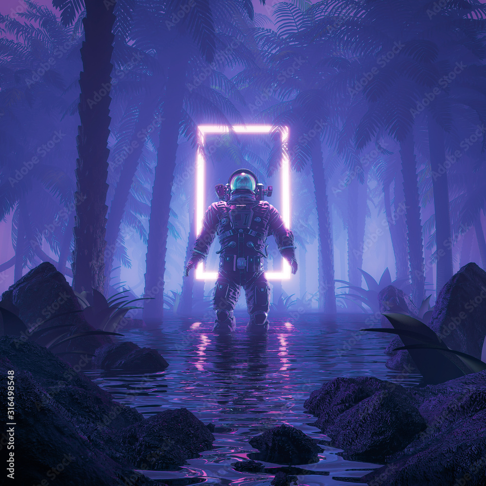 Wall mural psychedelic jungle astronaut / 3d illustration of science fiction scene showing surreal astronaut in