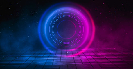 Background of empty stage, room. Reflection on wet pavement, concrete. Neon blurry lights. Neon circle figure in the center, smoke