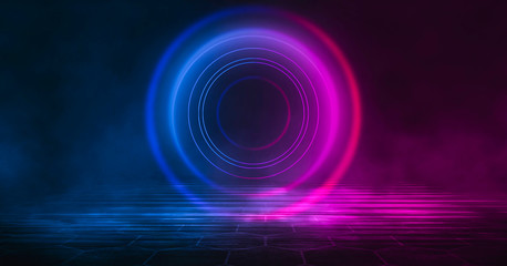 Background of empty stage, room. Reflection on wet pavement, concrete. Neon blurry lights. Neon circle figure in the center, smoke