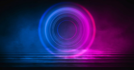 Background of empty stage, room. Reflection on wet pavement, concrete. Neon blurry lights. Neon circle figure in the center, smoke