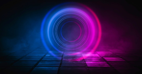 Background of empty stage, room. Reflection on wet pavement, concrete. Neon blurry lights. Neon circle figure in the center, smoke