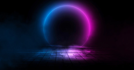 Background of empty stage, room. Reflection on wet pavement, concrete. Neon blurry lights. Neon circle figure in the center, smoke