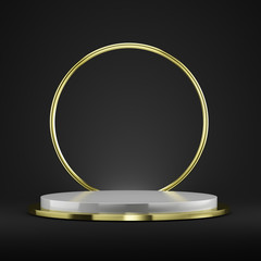 White pedestal with round gold frame on black background, Blank Pedestal minimal concept template - 3d rendering mockup