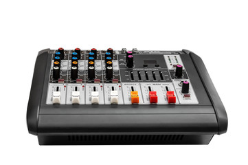 Audio mixer console on white background.