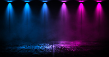 Dark background of the street, thick fog, spotlight, blue and red neon. Abstract background with...