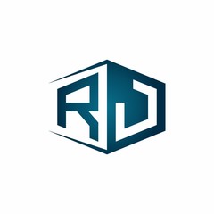 RJ monogram logo with hexagon shape and negative space style ribbon design template