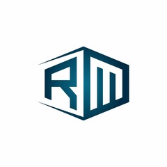 RM monogram logo with hexagon shape and negative space style ribbon design template