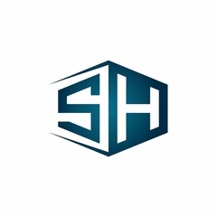 SH monogram logo with hexagon shape and negative space style ribbon design template