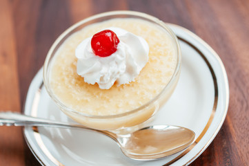 Home made vegan tapioca pudding with vegan whipped cream.