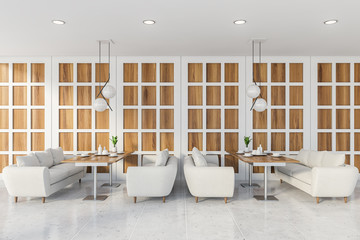 White and wooden cafe interior with sofas