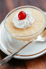 Home made vegan tapioca pudding with vegan whipped cream.