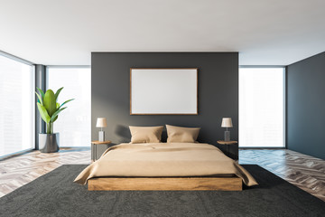 Panoramic gray master bedroom with poster