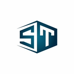 ST monogram logo with hexagon shape and negative space style ribbon design template