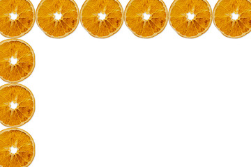 White background with a frame of dried orange slices. Isolated. Copy space.