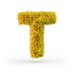 Capital letter T. Uppercase. Yellow fluffy and furry font. 3D