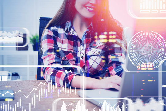 Smiling woman in office, HUD infographics