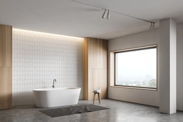 Fototapeta na wymiar White and wooden bathroom corner, tub and column