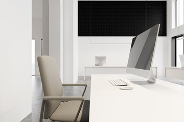 Workplace in spacious white and black office