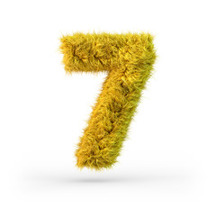 Number 7. Digital sign. Yellow fluffy and furry font. 3D