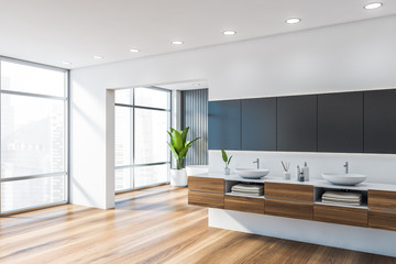 White panoramic bathroom corner, double sink