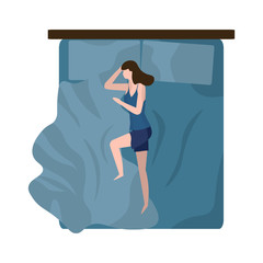 Obraz na płótnie Canvas Woman sleeping at night in a cozy bed - top view. Concept of comfortable rest, relax, healthy sleep and lifestyle. Vector illustration in blue dark colors. Girl is lying in pajamas hugs a blanket.