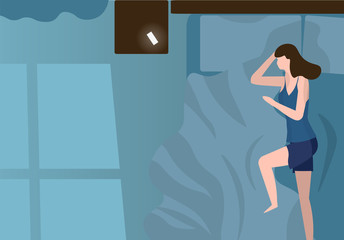 Concept of an early wakening in a morning or at night on an alarm clock on a smartphone, unwanted call, getting up for work. Woman sleeps lying in a bedroom in a cozy bed. Vector illustration.