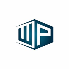 WP monogram logo with hexagon shape and negative space style ribbon design template