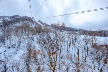 Tenguyama ropeway transport from the base of the mountain to the top in winter season