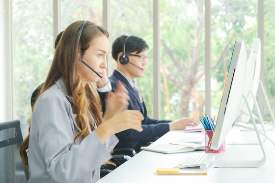 Group of business call center various asian and caucasian nationality multi language operator