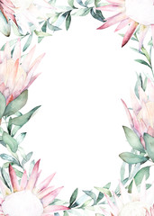 Obraz premium Watercolor frame with eucalyptus branch and protea for card, wedding, greeting, invitation. Hand drawn illustration