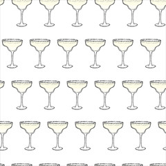Margarita Cocktail seamless pattern. Hand drawing sketch outlines on white background can be printed on textile, wallpaper, wrapping paper, greeting cards, used in logo, banner, landing page. Vector