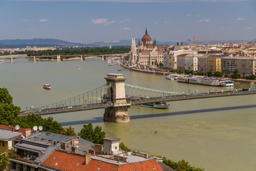 Naklejka premium River Danube in Budapest Hungary, parliament and the Chain Bridge.
