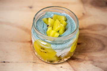 Homemade Chia pudding with kiwi in the glass jar
