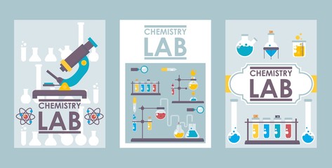 Chemistry lab banners, vector illustration. Scientific brochure cover design, laboratory booklet template. Flat style chemistry lab icons, science research symbols