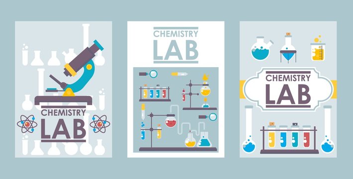 Chemistry lab banners, vector illustration. Scientific brochure cover design, laboratory booklet template. Flat style chemistry lab icons, science research symbols