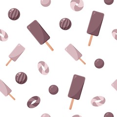 Seamless patterns on a white background in a flat style with elements of ice cream, lolipops and candy ball. Texture for web page, greeting cards, posters and banners. Prints on fabric and paper.