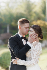 Loving couple at the hotel on a honeymoon.Just married. Honeymoon concept. Romantic relations. True...