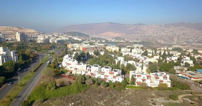 Carmiel City, Aerial view, Israel Karmiel and Galilee mountains, Drone shot, Galilee, Israel