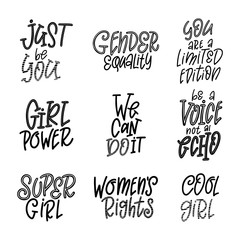 Set of Inspirational girl power quotes. Hand drawn lettering for poster or card. Feminism woman motivational slogans. Vector illustration