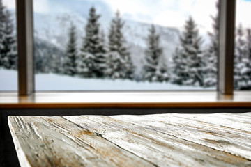 Desk of free space and winter landscape 