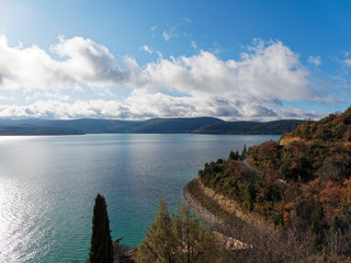 View from the village of Sainte-Croix-du verdon adjacent to the magnificient lake of Sainte-Croix in Var Alpes-de-Haute-Provence