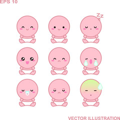Set of cute baby kawaii emotion with different expressions.Funny emoji faces. Simple cartoon vector illustration.White background.