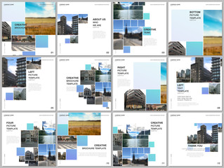 Brochure layout of square format covers design templates for square flyer leaflet, brochure design, report, presentation. Geometric blue color abstract background with photos, consisting of squares.