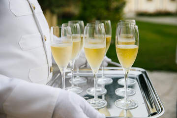 A waiter in a white tuxedo holds a tray with glasses of sparkling wine so that each guest can...