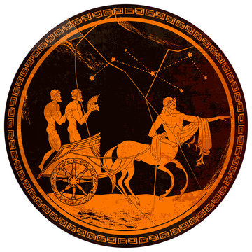 Centaur and people. Red figure techniques. Ancient Greece. Mythology and legends. Greek vase painting. Meander circle style