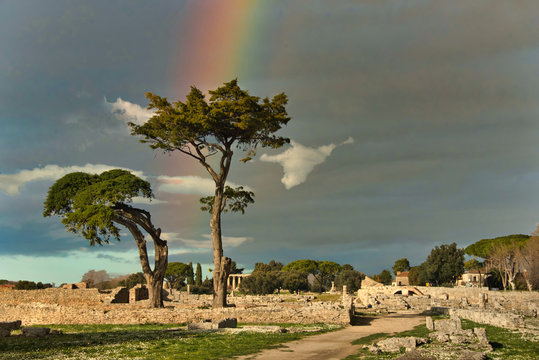 Rainbow over the Ancient Greek Roman Village in Southern Italy