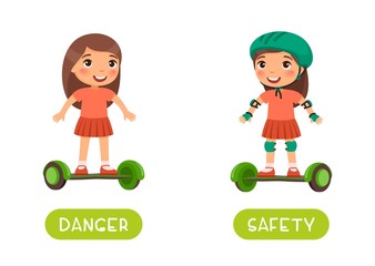 Flashcard with antonyms for kids vector template. Word card for foreign language studying. Antonyms concept, safety and danger. Cute little girl with gyroscooter flat illustration with typography