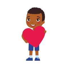 Little boyfriend holding heart shaped greeting card flat vector illustration. Valentines Day celebration. Dark skin smiling child character. February 14 holiday isolated design element