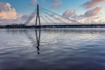 Cityscape View of Riga Latvia with Bridge and River