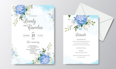 Fototapeta na wymiar Beautiful Floral Wedding Invitation with Blooming Roses and Green Leaves